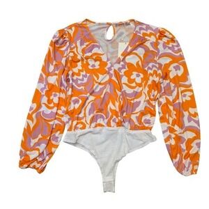 NWT L Skylar Rose Floral Bodysuit  Dance Y2K Yoga Long Sleeves Orange Retro‎ 70s